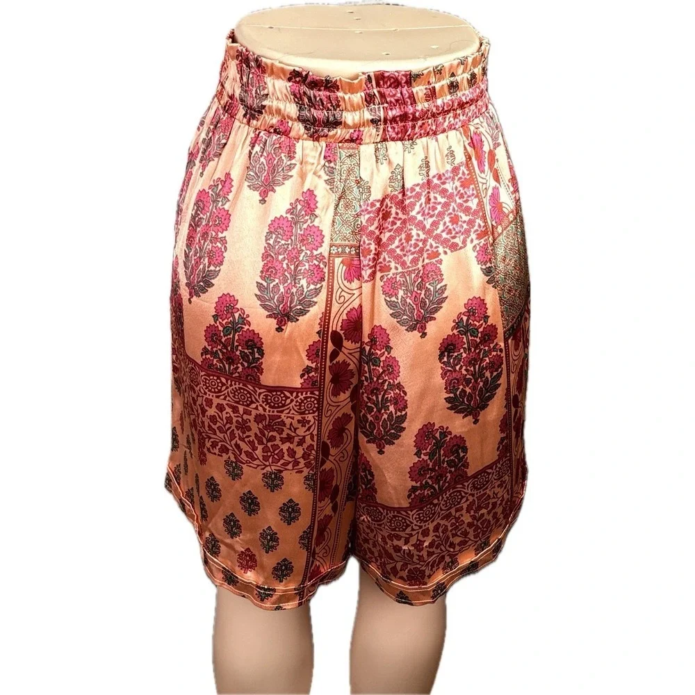 Kaktus Womens +1X Peach Floral Patchwork Satin Gathered Waist Shorts High Rise - Picture 4 of 6